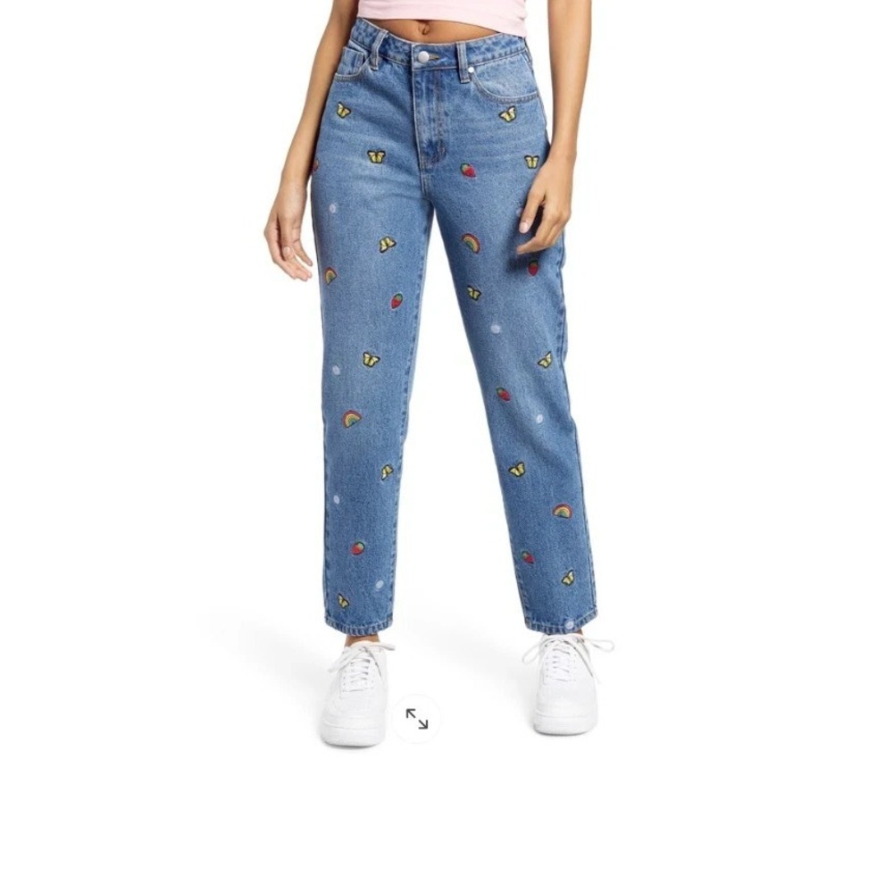 Nordstrom BP. Women's Embroidered '60s Revival Mom Jeans Sz 26 butterfly rainbow